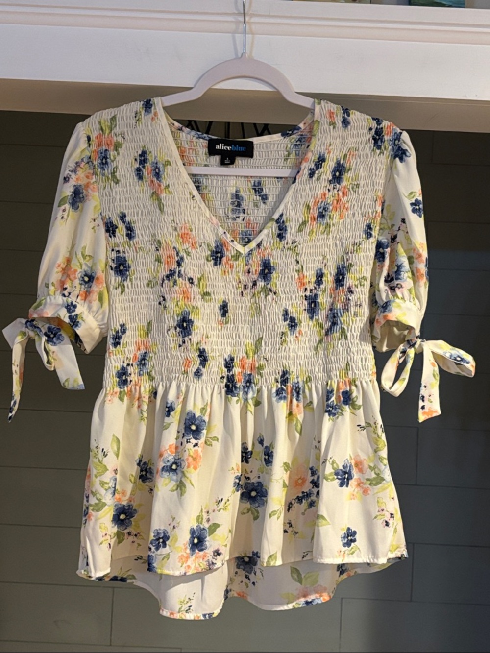 Alice Blue Cream Floral Smocked Peplum Top with Blue & Peach Flowers